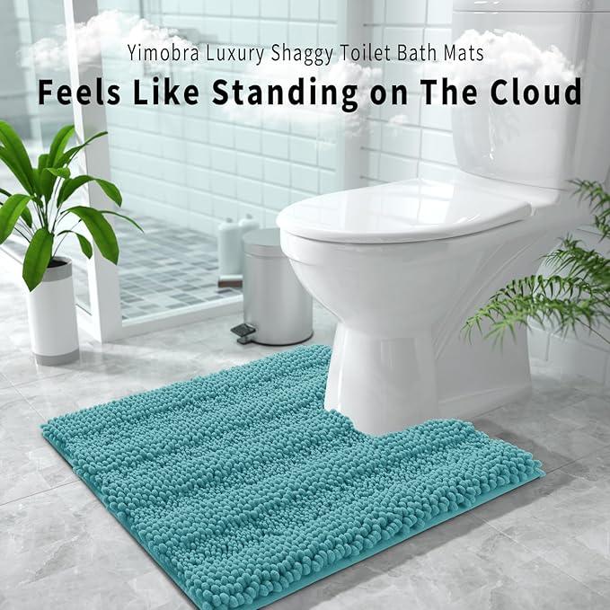 Yimobra Toilet Rugs U Shaped Washable 24 x 20, Non Slip and Super Absorbent Toilet Mat, Quick Dry, Ultra Luxury Microfiber Chenille Plush Fluffy Contour Bath Rugs for Toilet Base, Teal Blue - ModernBath