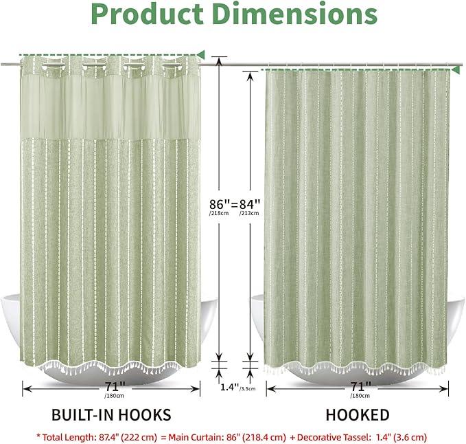eachope No Hook Extra Long Shower Curtain Set with Snap-in Liner,Linen Textured Thick Striped Fabric with Tassels,Boho Chic Modern Farmhouse Bathroom Curtain,Water-Repellent,Sage Green,71x86 - ModernBath