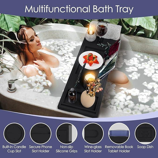 Foldable Bathtub Caddy Tray, Bamboo Bath Tub Tray Table for Tub with Wine Glass Holder Book Phone Tablet Holder with Extending Sides, Adjustable Bathroom Bathtub Free Soap Holder Gift Idea (Black) - ModernBath