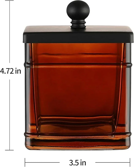 Indecor Home Amber Glass Cotton Jar Holder – Black Lid Elegant Bathroom Storage Canister for Qtips, Cotton Balls, Floss, Makeup Organizer, Vanity & Bathroom Organization - ModernBath