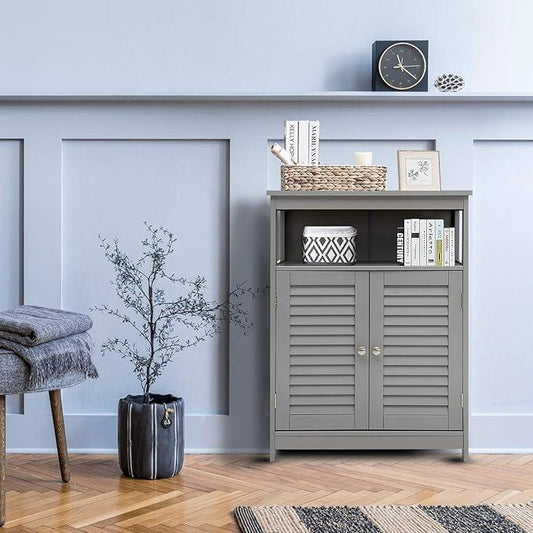 LDAILY Freestanding Organizer Cabinet with Double Shutter Doors, Adjustable Shelf, Wooden Floor Cabinet for Bathroom & Kitchen, Grey - ModernBath