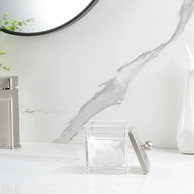 Indecor Home Apothecary Glass Cotton Jar Holder Brushed Nickel Stainless Steel Lid, Elegant Bathroom Storage Canister for Qtips, Cotton Balls, Floss, Makeup Organizer, Vanity Bathroom Organization - ModernBath