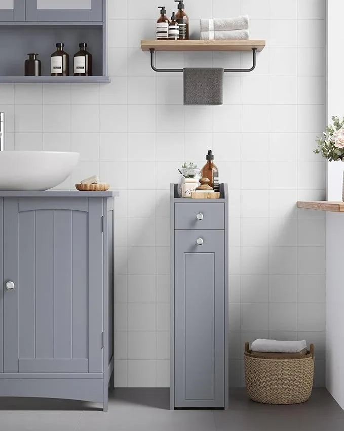 VASAGLE Slim Storage Cabinet, Narrow Storage Organizer with Slide Out Drawers, Freestanding Toilet Paper Holder, Small Space Skinny Cabinet for Bathroom Kitchen Corner, Dove Gray UBBC847G02 - ModernBath