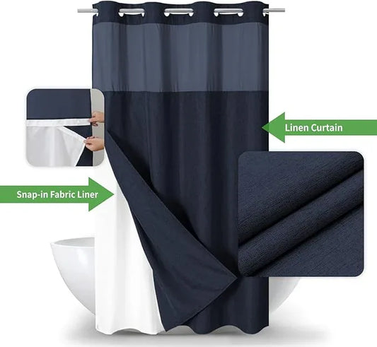 eachope Stall No Hooks Needed Linen Textured Shower Curtain with Snap-in Fabric Liner Set,Hotel Luxury Decor Farmhouse Shower Curtains for Bathroom,Waterproof & Washable,54Wx80H,Navy Blue - ModernBath