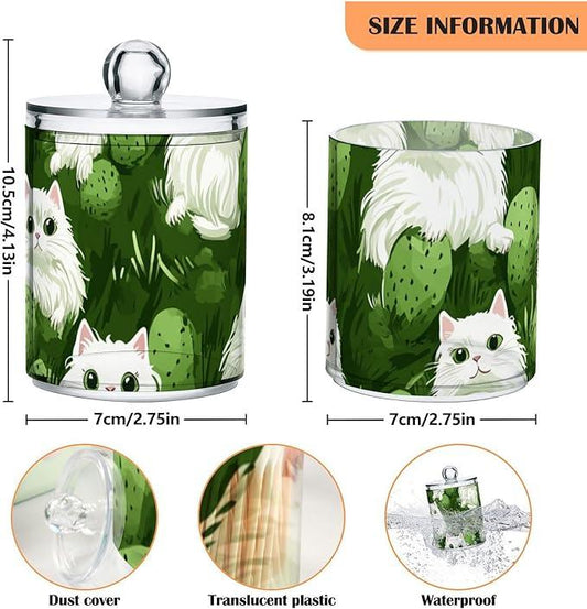 Tatenale Qtip Holder Bathroom Set Q tip Cotton Ball Swab Pad Dispenser Container Organizer Plastic Jars with Lids Storage 2Pack Green Cat and Cactus - ModernBath