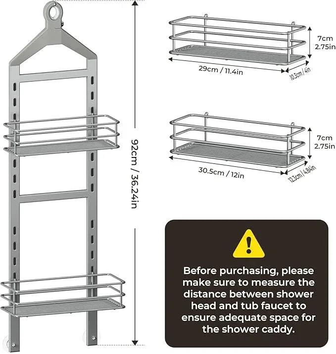 Orimade Adjustable Anti-slip Shower Caddy over Shower Head, Rustproof Bathroom Hanging Organizer with 2 Hooks for Razor, No Drilling Shelves Storage Rack 2 Tier, Light Grey - ModernBath