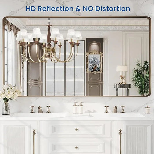 WEER 60x30 Inch Bronze Bathroom Mirror for Vanity, Brushed Bronze Metal Frame Rounded Rectangle Mirror with Tempered Glass, Anti-Rust (Horizontal/Vertical) - ModernBath