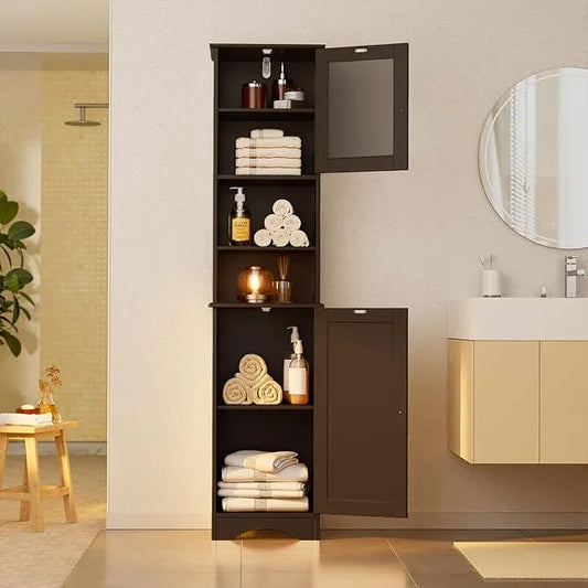 Gizoon Tall Bathroom Storage Tower, Freestanding Linen Cabinet with Two-Way Doors, Adjustable Shelves, Anti-Tip Floor Cabinet, for Home, Kitchen, Living Room, Dark Brown - ModernBath
