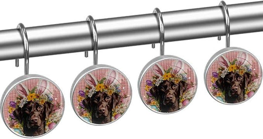 Dog and Easter Eggs Shower Curtain Hooks 12Pcs, Decorative Rust Resistant Shower Rings for Shower Curtain Rods, Stainless Steel Round Curtain Hooks for Bathroom, Bedroom, Farmhouse - ModernBath