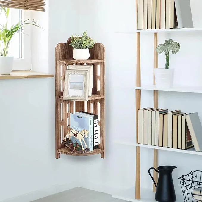 Meangood Bathroom Corner Shelf Stand, 3 Tier Solid Wood Display Shelf for Narrow Space, Shower Corner Shelf, Plant Stand Nightstand, for Living Room, Bedroom, Home Office, Elegant Carbonized Black - ModernBath
