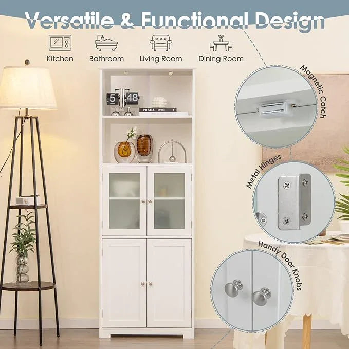 Tangkula Tall Bathroom Storage Cabinet, Freestanding Floor Cabinet w/2 Glass Doors & 2 Open Shelves, 3-Position Adjustable Shelves, Anti-toppling Design, 64” Tall Pantry Cupboard for Kitchen - ModernBath