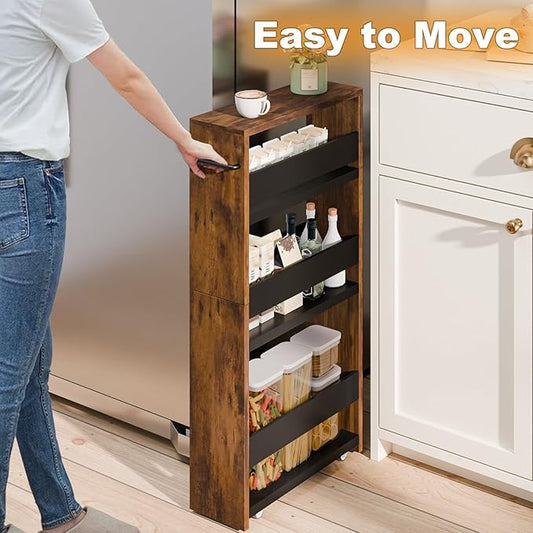MARTY Slim Rolling Cart 4-Tier Utility Carts with Wheels Handle, Kitchen Storage Cart Slide Out Mobile Shelving Unit Organizer for Bathroom Laundry Room Organization Narrow Places (Rustic Brown)