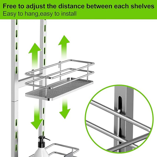 Orimade Adjustable Hanging Over the Shower Door Caddy with Hooks, Bathroom Organizer Shelf Storage Rack,No Drilling Rustproof Basket for Inside Shower, Sliver 3 Tier