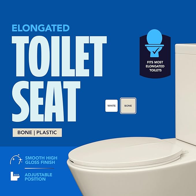 HIGHCRAFT Premium Elongated Toilet Seat with Adjustable Hinges - Molded Plastic Toilet Seat - Fits Standard Elongated Toilets - Oval Seat in Bone/Beige
