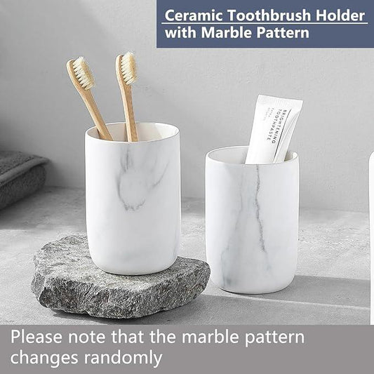 Marble Toothbrush Holders for Bathrooms - 1 Cups Ceramic Toothbrush Toothpaste Holders, White Marble Bathroom Tumbler Cups Reusable Toothbrush Mouthwash Cup, Bathroom Counter Organizer. - ModernBath