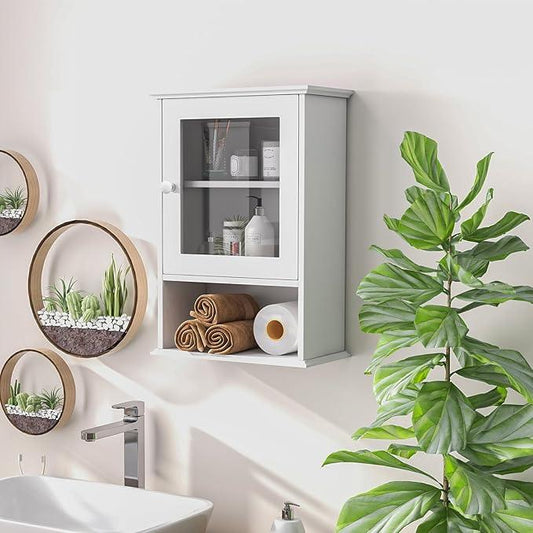 LOKO Bathroom Medicine Cabinet, Over The Toilet Storage Organizer with Adjustable Shelf, Modern Wall Mounted Storage Cabinet with Tempered Glass Door for Living Room, Entryway (White) - ModernBath