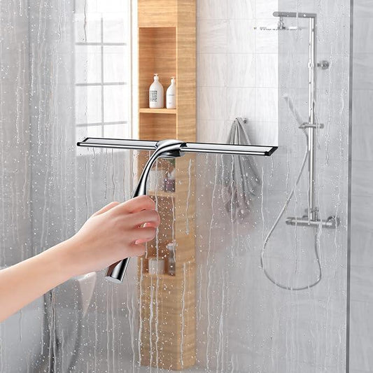 Shower Squeegee for Glass Door Stainless Steel Bathroom Squeegee Window Wiper, Includes Shower Door Hook, Adhesive Hook, and Spare Silicone Blade for Window Mirror Car 12-Inch - ModernBath