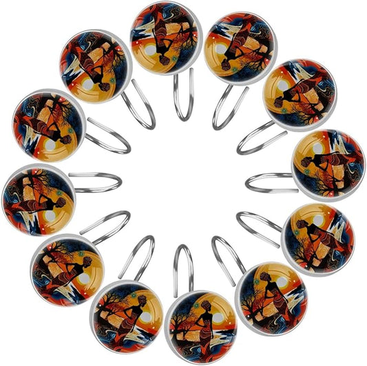 FVQL Shower Curtain Hooks Decorative, Sunset Cartoon African Women, Set of 12, Metal Shower Curtain Rings for Bathroom