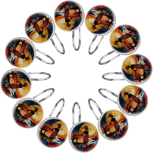 FVQL Shower Curtain Hooks Decorative, Sunset Cartoon African Women, Set of 12, Metal Shower Curtain Rings for Bathroom - ModernBath