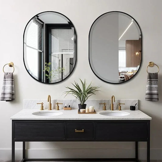 POZINO Black Oval Mirror, Modern Beveled Mirror for Over Sink, 22"x30" Rounded Rectangle Mirrors, Oblong Vanity Wall Mirrors in Premium Stainless Steel Frame, Hangs Horizontal Or Vertical - ModernBath