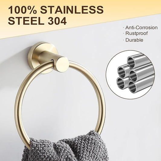 BGL 2-Pack Brushed Gold Towel Rings for Bathroom, 304 Stainless Steel Wall Mount Towel Holder Set, Rustproof Bath & Kitchen Accessories with Modern Matte Finish