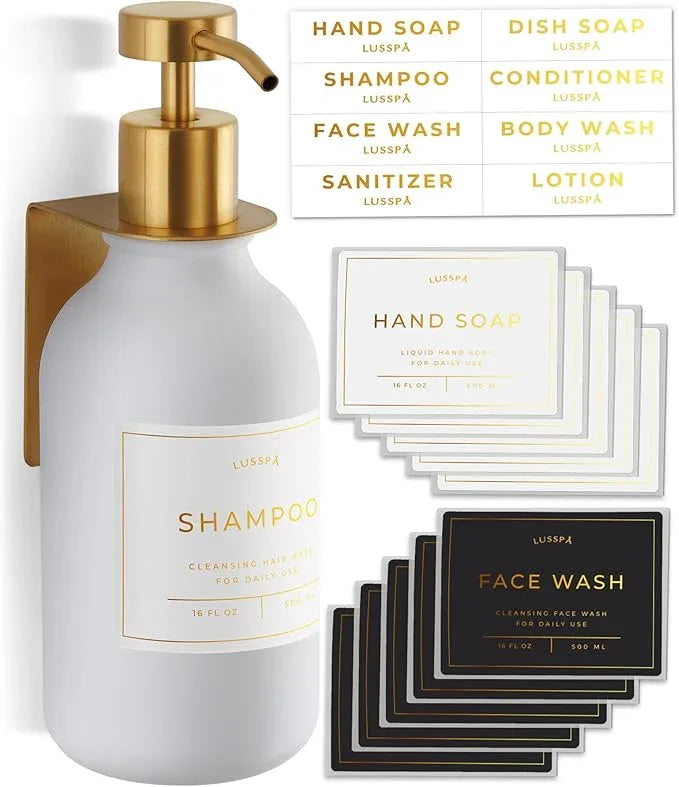 Shampoo & Conditioner Dispenser - Shower Soap Dispenser Wall Mounted - 16.9 Oz Plastic Bottle with Pump & Holder - Shampoo Dispenser - Shower Dispenser Chamber No Drill (1 X White/Gold) - ModernBath
