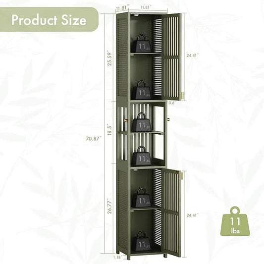 Amazer 70'' Tall Bathroom Storage Cabinet Bamboo, Slim Storage Cabinet with Rattan Door and Adjustable Shelves, Narrow Freestanding Organizer for Living Room Kitchen, Forest Green - ModernBath