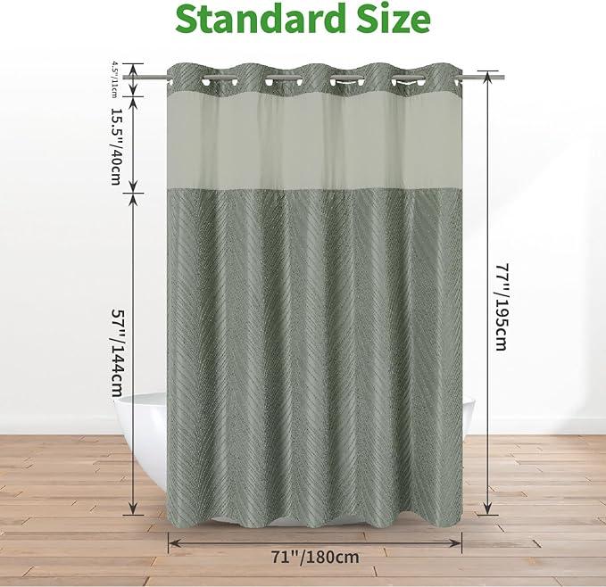 eachope no Hook Shower Curtain and Liner Set,Boho Style with See Through Top Window, SageGreen Fabric Tufted Striped Textured Outer Curtain & Waterproof Inner Liner, SageGreen, 71Wx77H - ModernBath