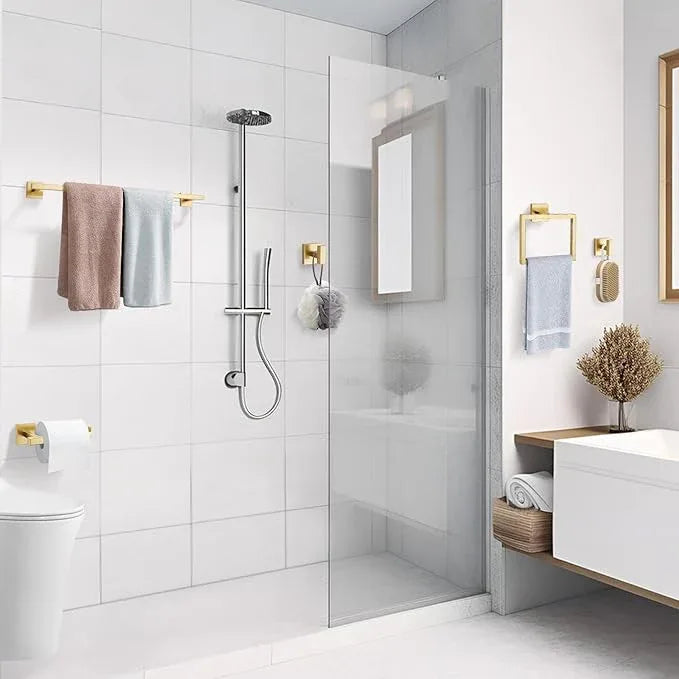 TQKAG Brushed Gold Bathroom Hardware Accessories Set 10 Pieces, 23.6" SUS304 Stainless Steel Towel Bar Set Wall Mounted Includes Single Towel Bar, Towel Ring, Toilet Paper Holder, Double Towel Hooks - ModernBath
