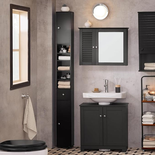 SoBuy Narrow Bathroom Storage Cabinet, Tall Slim Bathroom Organizers and Storage for Small Spaces, Freestanding Skinny Cabinet with Doors and Shelves for Tight Corners, Black BZR34-SCH