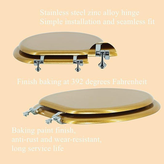 BLOFDE Elongated Toilet Seat Wood Toilet Seat Prevent Shifting with Zinc Alloy Hinges American Standard Size Toilet Seat Easy to Install also Easy to Clean(Elongated,Sparkling Classical Gold) - ModernBath