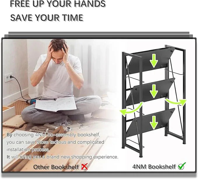 4NM No Assembly Folding Bookshelf Storage Shelves 3 Tiers Vintage Bookcase Standing Racks Study Organizer Home Office (All Black) - ModernBath