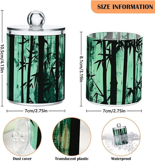 Qtip Holder Bathroom Set Q tip Cotton Ball Swab Pad Dispenser Container Organizer Plastic Jars with Lids Storage 2Pack Watercolor Green Bamboo Forest Silhouette