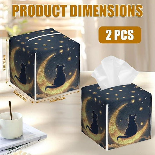 Starry Night Cat Tissue Box Cover 2PCS, Leather Tissue Box Holder Square Facial Paper Case Tissue Box Cube Organizer for Bathroom Bedroom Desk Office - ModernBath