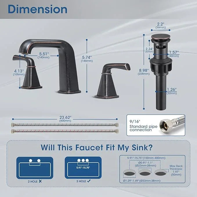 Widespread Bathroom Sink Faucet, Oil-Rubbed Bronze Bathroom Faucet 3 Hole,Brass Vanity Faucet with Pop Up Drain and 2 Supply Lines - ModernBath