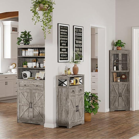 Small Farmhouse Storage Cabinet with Barn Doors, Farmhouse Kitchen Pantry Cabinet, Tall Coffee Bar with Storage, Hutch Cupboard for Kitchen, Laundry, Living Room, Washed Grey - ModernBath