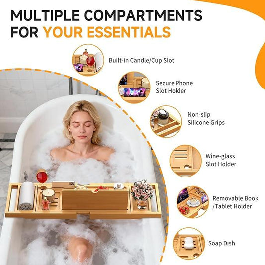 Premium Bamboo Bathtub Caddy Tray with Extending Sides, Adjustable Wood Bath Tray for Luxury Bath, Fits Most Tubs, Accessories Gift Idea - ModernBath