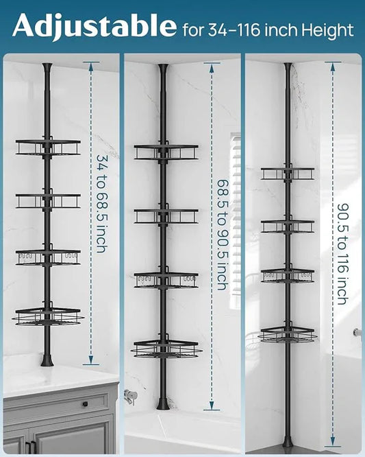 SEIRIONE Corner Shower Caddy Tension Pole, Rustproof Bathroom Shower Organizer Corner, 4-Tier Adjustable Bathroom Shelf, Solid Rack Ideal for Bathtub Storage, 34 to 116 Inch Height, Black - ModernBath