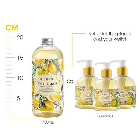 ROMIIE ZOI Lemon Scent Liquid Hand Soap Refills - Natural, Gentle & Moisturizing Formula - Family Size 3 Pack, Ideal for Liquid Soap Dispensers in Kitchen & Bathroom - ModernBath