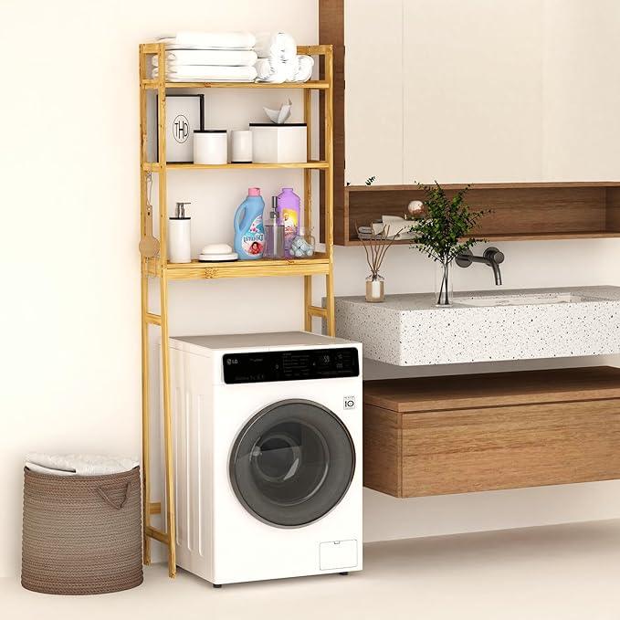 BAMBANG Over The Toilet Storage Rack, 3-Tier Over The Toilet Storage Shelf with 3 Hooks, Freestanding Above Toilet Bathroom Organizer Shelves for Space Saver Storage, Bamboo Natural - ModernBath