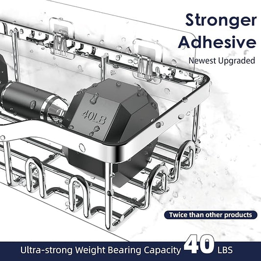 Shower Caddy Adhesive Shower Organizer 7-Pack, Rustproof Stainless Steel Bathroom Shelves, Large Capacity No-Drill Rack Storage Accessories with Soap Dish Toothbrush Holder Hooks (Silver)
