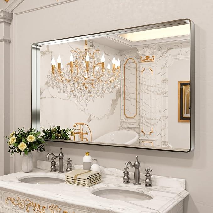 LOAAO 60X36 Inch Brushed Nickel Bathroom Mirror, Rounded Rectangle Silver Metal Frame Mirror, Brushed Nickel, Anti-Rust, Shatter Proof, Hangs Horizontally or Vertically - ModernBath