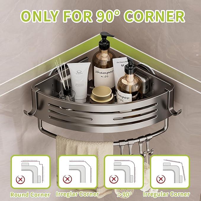 Shower Caddy Suction Cup, No Drilling Rustproof Bathroom Shower Shelf,Hanging Corner Shower Shelves with 6 Portable Hooks, Removable Bath Organizer with Towel Bar for Bathroom Storage(Gray) - ModernBath
