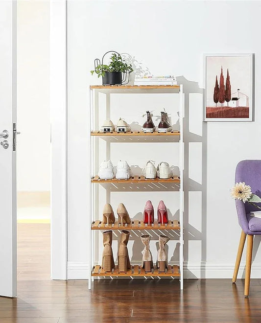 SONGMICS Bamboo Storage Shelf, 5-Tier Shelving Unit, Multifunctional, in The Entryway, Bathroom, Living Room, Balcony, Kitchen, 10.2 x 23.6 x 51.2 Inches, Cloud White and Light Bamboo UBCB35WN - ModernBath