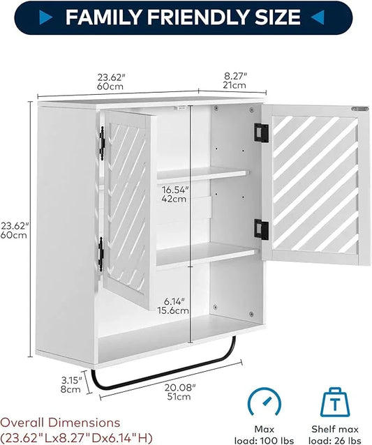 Wall Mounted Bathroom Cabinet with Openwork Doors and Towel Bar, Extra Deep Over The Toilet Storage, Waterproof Farmhouse Medicine Cabinet for Bathroom, Laundry Room (23.6"x8.3"x23.6", White, 2PCS) - ModernBath