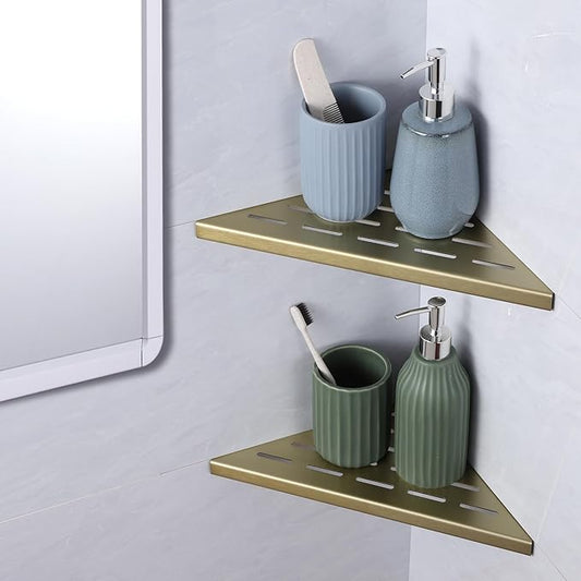 10" Corner Shower Shelf, 2-Pack Bathroom Shelves for Tile Walls, SUS304 Stainless Steel Recessed Shower Shelf, Grout in Corner Organizer Shelves, Brushed Gold