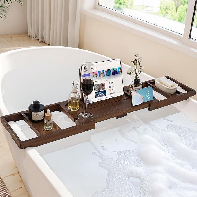Teak Bathtub Tray, Wooden Tray Caddy for Bathtub, Luxury Bathroom Trays for Home Spa Relaxation, Teak Bathtub Caddy as Housewarming, Wedding Gifts for Women (Walnut Teak) - ModernBath
