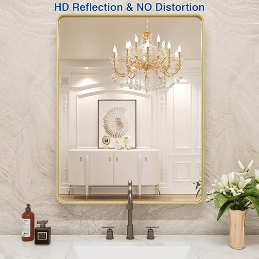 WEER Gold Bathroom Mirror, 24X36 Inch Brushed Gold Metal Frame Mirror, Rounded Rectangle Gold Bathroom Vanity Mirror for Wall, Tempered Glass, Anti-Rust, Hangs Horizontally or Vertically - ModernBath