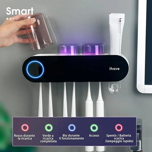 iHave Wall Mounted Electric Toothbrush Holders with 3 Cups, UV Sanitizer, Toothpaste Dispenser, Smart Home Bathroom Accessories & Decor, Black - ModernBath