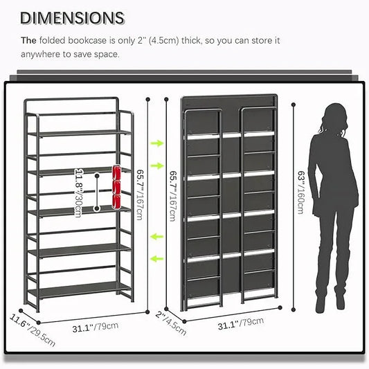 4NM No Assembly Extra Wide 5 Tiers Folding Bookshelf Storage Shelves Vintage Bookcase Standing Racks Study Organizer Home Office (All Black) - ModernBath